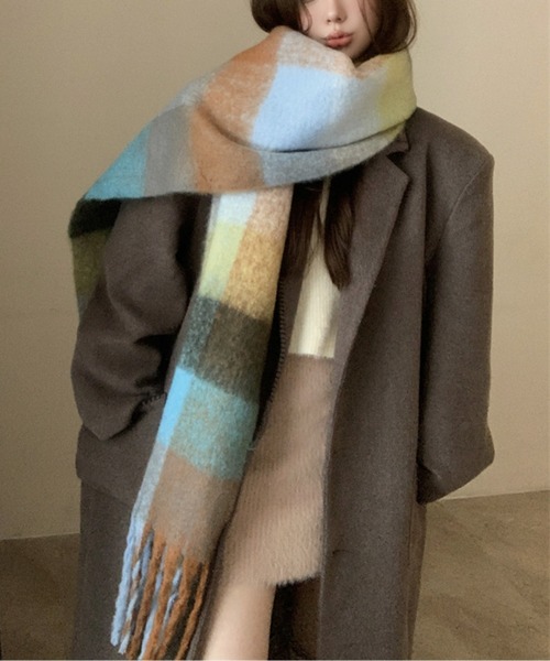 ブロックチェック裾フリンジマフラー(マフラー)|AMAJI(アマジ) ブロックチェック裾フリンジマフラー(マフラー)|AMAJI(アマジ)