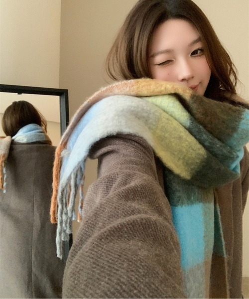 ブロックチェック裾フリンジマフラー(マフラー)|AMAJI(アマジ) ブロックチェック裾フリンジマフラー(マフラー)|AMAJI(アマジ)