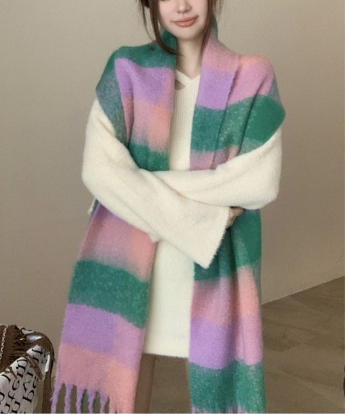 ブロックチェック裾フリンジマフラー(マフラー)|AMAJI(アマジ) ブロックチェック裾フリンジマフラー(マフラー)|AMAJI(アマジ)