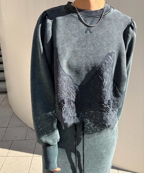 Ameri（アメリ）の「CHEMICAL OVERDYE LACE SWEAT TOP（スウェット・レディース・ブラック/ブルー/ベージュ・FREE）」の9枚目の写真