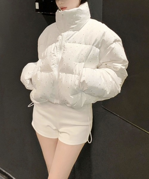 セール】スタンドカラーショート丈ラメダウンジャケット（ダウン