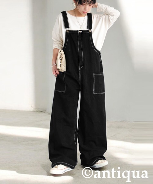 antiqua(アンティカ)の「ステッチデニムサロペット(サロペット/オーバーオール・レディース・カーキ/ブラック/ベージュ・R/P)」の4枚目の写真