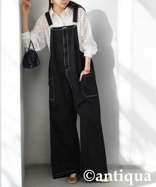 antiqua(アンティカ)の「ステッチデニムサロペット(サロペット/オーバーオール・レディース・カーキ/ブラック/ベージュ・R/P)」の6枚目の写真