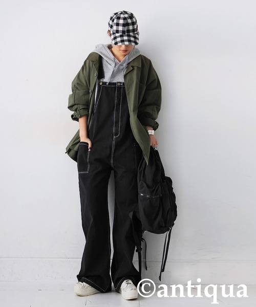 antiqua(アンティカ)の「ステッチデニムサロペット(サロペット/オーバーオール・レディース・カーキ/ブラック/ベージュ・R/P)」の7枚目の写真