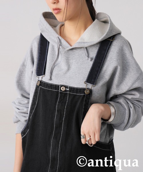 antiqua(アンティカ)の「ステッチデニムサロペット(サロペット/オーバーオール・レディース・カーキ/ブラック/ベージュ・R/P)」の8枚目の写真