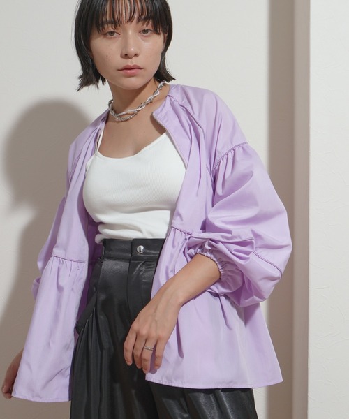 ブラウス シャツ パイピングデザイン　ペプラムギャザー　ジップブラウス レディース パイピングデザイン ペプラムギャザー ジップブラウス Palm