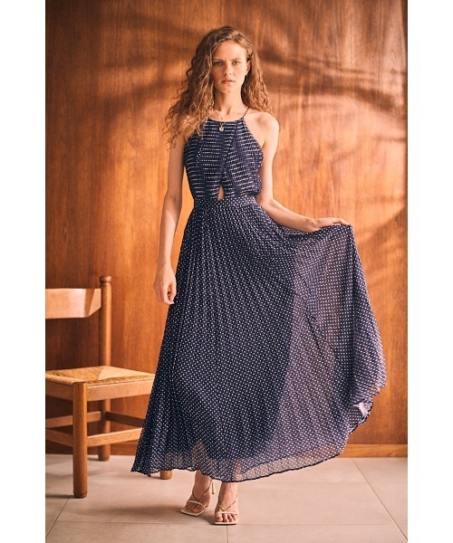 Estella.K(エステラケー)の「Jenna Pleated Long Dress ホルターアコーデオンプリーツドレス(ワンピース・レディース・ネイビー系/ブラウン系/ホワイト系/イエロー系/ピンク系/ホワイト系2・FREE)」の4枚目の写真
