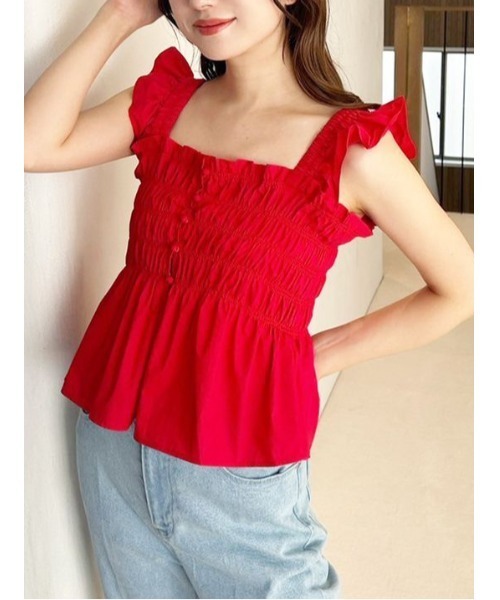 MERCURYDUO(マーキュリーデュオ)の「前後2WAYシャーリングフリルバックシャンブラウス(シャツ/ブラウス・レディース・オフホワイト/レッド/ライトグリーン/ライトブルー/チャコールグレー・FREE)」の5枚目の写真