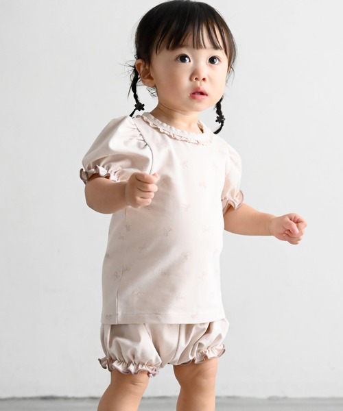 PUPPAPUPO（プッパプーポ）の「セットアップ パフスリーブ 半袖 Tシャツ ショートパンツ フライス（Tシャツ/カットソー・キッズ・アイボリー/ベビーピンク・70/80/90/100/110）」の2枚目の写真