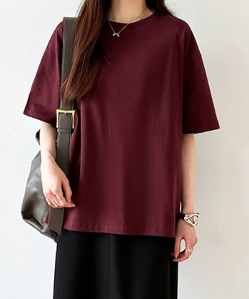 COCOMOMO（ココモモ）の「コットンTシャツ 綿100 ドロップショルダー 無地 Tシャツ カットソー（Tシャツ/カットソー・レディース・ブラック/ワイン/ホワイト/ブラウン/ベージュ/ネイビー・FREE）」の6枚目の写真
