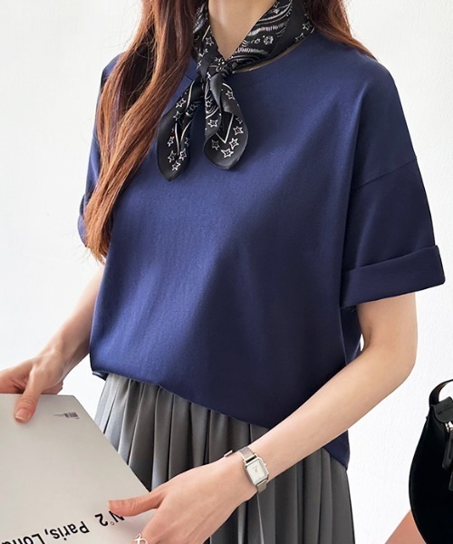 COCOMOMO（ココモモ）の「コットンTシャツ 綿100 ドロップショルダー 無地 Tシャツ カットソー（Tシャツ/カットソー・レディース・ブラック/ワイン/ホワイト/ブラウン/ベージュ/ネイビー・FREE）」の19枚目の写真