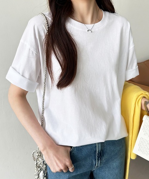 COCOMOMO（ココモモ）の「コットンTシャツ 綿100 ドロップショルダー 無地 Tシャツ カットソー（Tシャツ/カットソー・レディース・ブラック/ワイン/ホワイト/ブラウン/ベージュ/ネイビー・FREE）」の7枚目の写真
