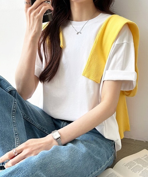 COCOMOMO（ココモモ）の「コットンTシャツ 綿100 ドロップショルダー 無地 Tシャツ カットソー（Tシャツ/カットソー・レディース・ブラック/ワイン/ホワイト/ブラウン/ベージュ/ネイビー・FREE）」の10枚目の写真