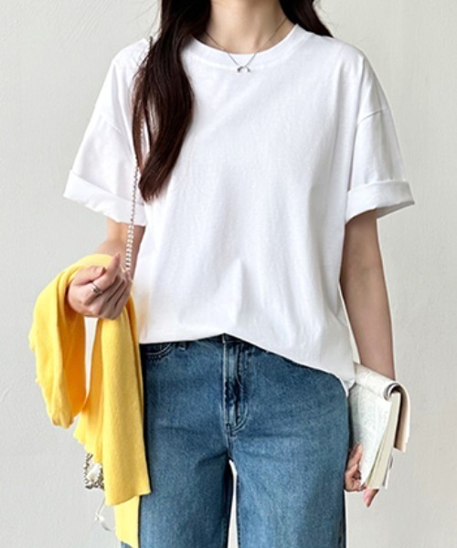 COCOMOMO（ココモモ）の「コットンTシャツ 綿100 ドロップショルダー 無地 Tシャツ カットソー（Tシャツ/カットソー・レディース・ブラック/ワイン/ホワイト/ブラウン/ベージュ/ネイビー・FREE）」の9枚目の写真