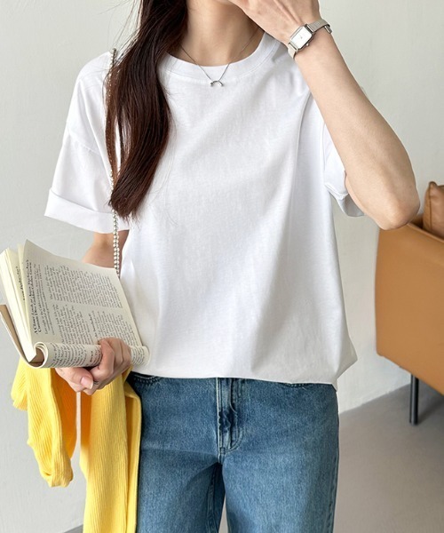COCOMOMO（ココモモ）の「コットンTシャツ 綿100 ドロップショルダー 無地 Tシャツ カットソー（Tシャツ/カットソー・レディース・ブラック/ワイン/ホワイト/ブラウン/ベージュ/ネイビー・FREE）」の8枚目の写真