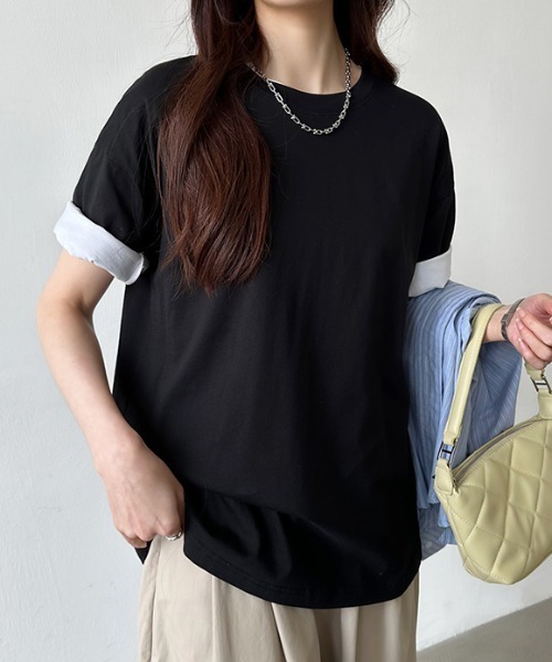COCOMOMO（ココモモ）の「コットンTシャツ 綿100 ドロップショルダー 無地 Tシャツ カットソー（Tシャツ/カットソー・レディース・ブラック/ワイン/ホワイト/ブラウン/ベージュ/ネイビー・FREE）」の13枚目の写真