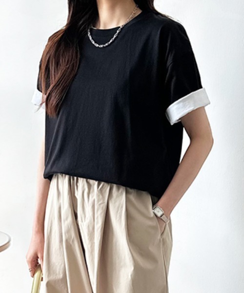 COCOMOMO（ココモモ）の「コットンTシャツ 綿100 ドロップショルダー 無地 Tシャツ カットソー（Tシャツ/カットソー・レディース・ブラック/ワイン/ホワイト/ブラウン/ベージュ/ネイビー・FREE）」の14枚目の写真