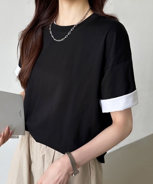 COCOMOMO（ココモモ）の「コットンTシャツ 綿100 ドロップショルダー 無地 Tシャツ カットソー（Tシャツ/カットソー・レディース・ブラック/ワイン/ホワイト/ブラウン/ベージュ/ネイビー・FREE）」の15枚目の写真