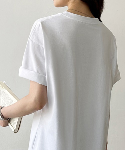 COCOMOMO（ココモモ）の「コットンTシャツ 綿100 ドロップショルダー 無地 Tシャツ カットソー（Tシャツ/カットソー・レディース・ブラック/ワイン/ホワイト/ブラウン/ベージュ/ネイビー・FREE）」の12枚目の写真