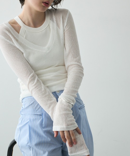 セール】深Vネックシアーロングスリーブカットソー（Tシャツ