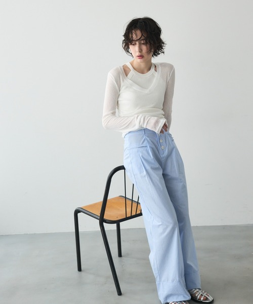 セール】深Vネックシアーロングスリーブカットソー（Tシャツ