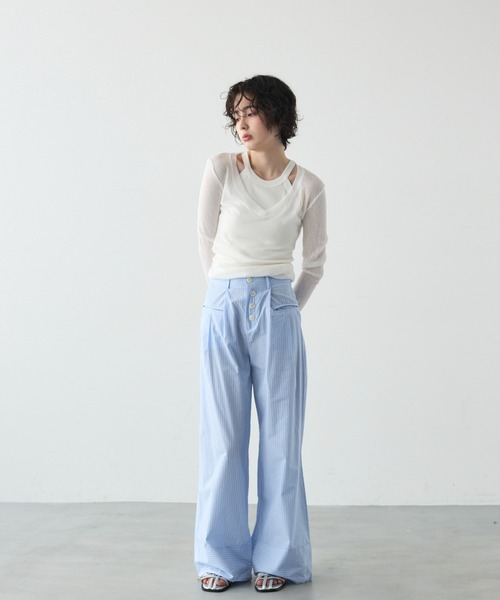 セール】深Vネックシアーロングスリーブカットソー（Tシャツ