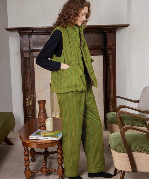 ベスト ジレ  Striped Corduroy Quited Vest / ストライプベスト レディース HOME Striped Corduroy Quited Vest / ストライプベスト（ベスト