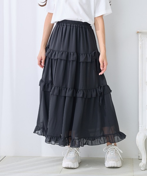 セール】フリルリボン ティアードスカート/ロング丈（スカート