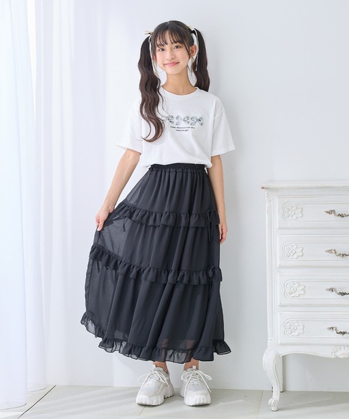 Amourire girl（アムリールガール）の「フリルリボン ティアードスカート/ロング丈（スカート・キッズ・オフホワイト/ブラック・130cm/140cm/150cm/160cm）」の14枚目の写真