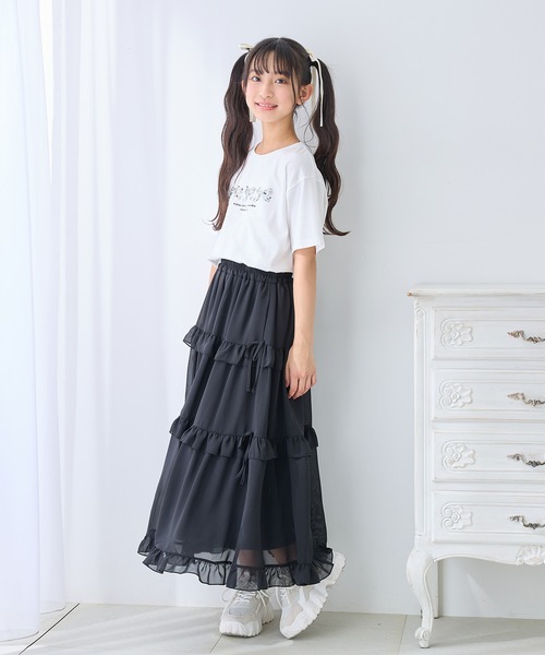 Amourire girl（アムリールガール）の「フリルリボン ティアードスカート/ロング丈（スカート・キッズ・オフホワイト/ブラック・130cm/140cm/150cm/160cm）」の12枚目の写真