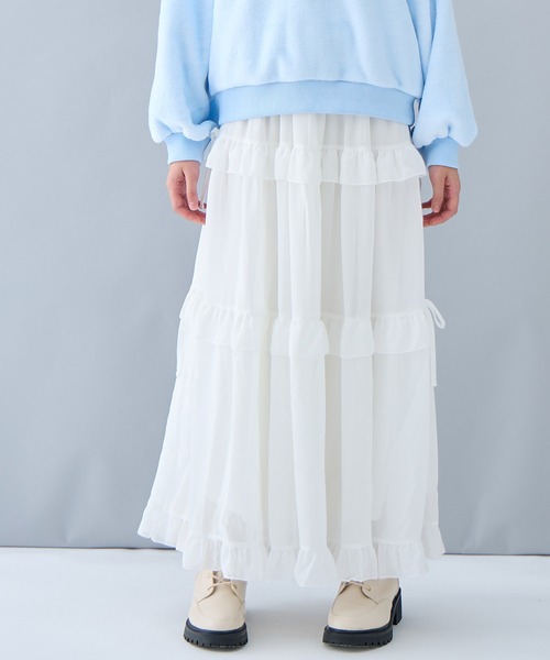 Amourire girl（アムリールガール）の「フリルリボン ティアードスカート/ロング丈（スカート・キッズ・オフホワイト/ブラック・130cm/140cm/150cm/160cm）」の22枚目の写真