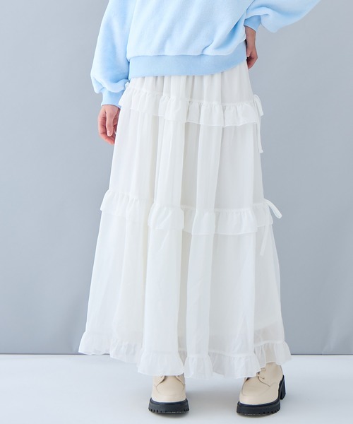 値下げ中 pium♥コットンフリルリボンティアードスカート フリルリボン ティアードスカート/ロング丈（スカート）｜Amourire