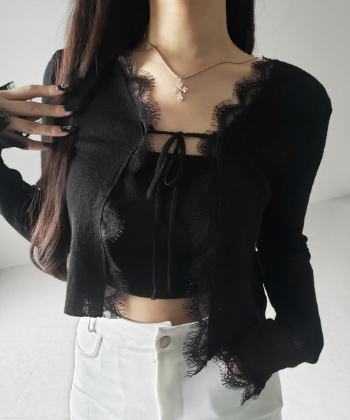 me+em select(ミームセレクト)の「【 2color 】レースドッキングフロントリボンシアーニットカーディガン / lace docking front ribbon sheer knit cardigan(カーディガン/ボレロ・レディース・ブラック/ホワイト・FREE)」の17枚目の写真