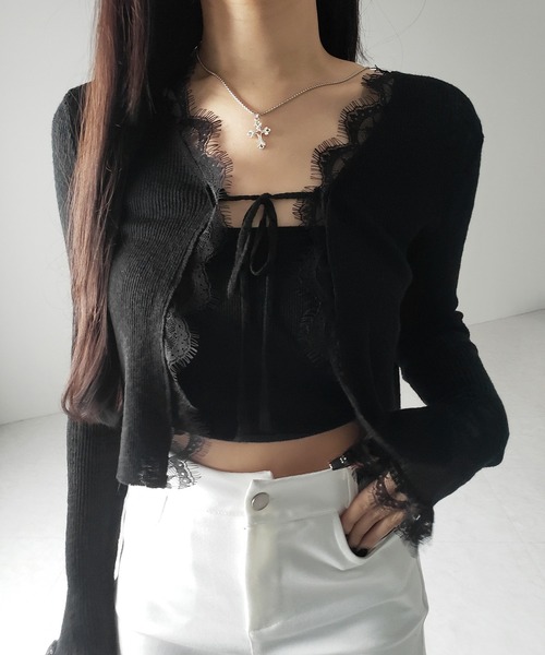 me+em select(ミームセレクト)の「【 2color 】レースドッキングフロントリボンシアーニットカーディガン / lace docking front ribbon sheer knit cardigan(カーディガン/ボレロ・レディース・ブラック/ホワイト・FREE)」の18枚目の写真