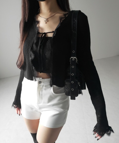 me+em select(ミームセレクト)の「【 2color 】レースドッキングフロントリボンシアーニットカーディガン / lace docking front ribbon sheer knit cardigan(カーディガン/ボレロ・レディース・ブラック/ホワイト・FREE)」の19枚目の写真