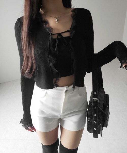me+em select(ミームセレクト)の「【 2color 】レースドッキングフロントリボンシアーニットカーディガン / lace docking front ribbon sheer knit cardigan(カーディガン/ボレロ・レディース・ブラック/ホワイト・FREE)」の20枚目の写真