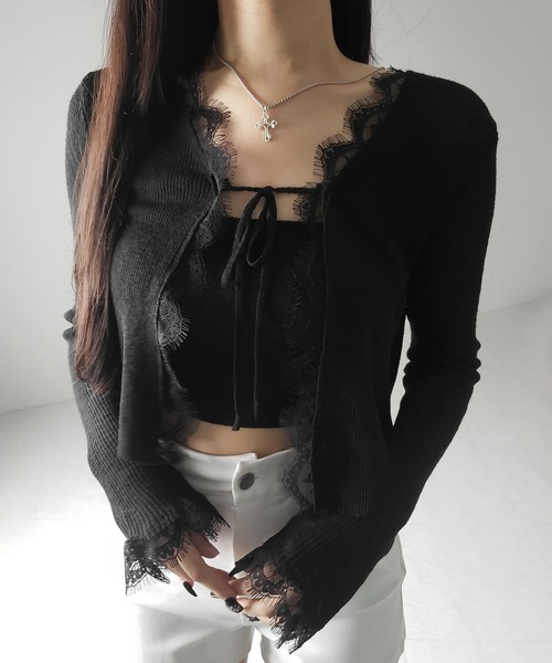 me+em select(ミームセレクト)の「【 2color 】レースドッキングフロントリボンシアーニットカーディガン / lace docking front ribbon sheer knit cardigan(カーディガン/ボレロ・レディース・ブラック/ホワイト・FREE)」の21枚目の写真