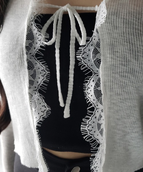 me+em select(ミームセレクト)の「【 2color 】レースドッキングフロントリボンシアーニットカーディガン / lace docking front ribbon sheer knit cardigan(カーディガン/ボレロ・レディース・ブラック/ホワイト・FREE)」の9枚目の写真