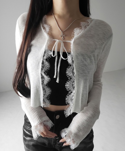 me+em select(ミームセレクト)の「【 2color 】レースドッキングフロントリボンシアーニットカーディガン / lace docking front ribbon sheer knit cardigan(カーディガン/ボレロ・レディース・ブラック/ホワイト・FREE)」の12枚目の写真