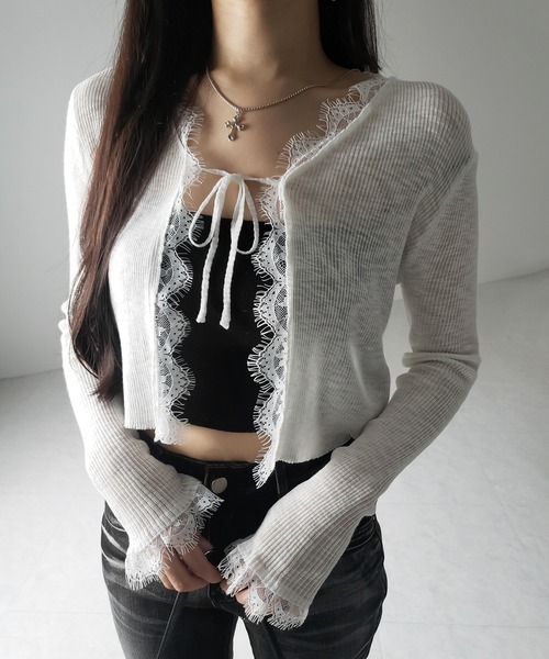 me+em select(ミームセレクト)の「【 2color 】レースドッキングフロントリボンシアーニットカーディガン / lace docking front ribbon sheer knit cardigan(カーディガン/ボレロ・レディース・ブラック/ホワイト・FREE)」の15枚目の写真