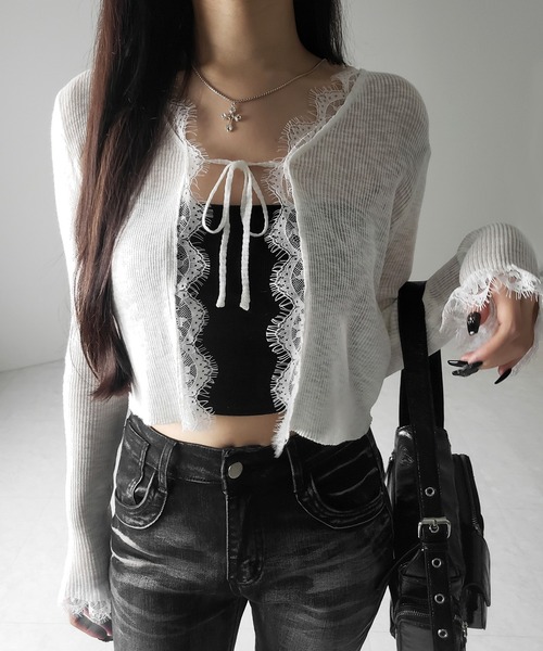 me+em select(ミームセレクト)の「【 2color 】レースドッキングフロントリボンシアーニットカーディガン / lace docking front ribbon sheer knit cardigan(カーディガン/ボレロ・レディース・ブラック/ホワイト・FREE)」の10枚目の写真