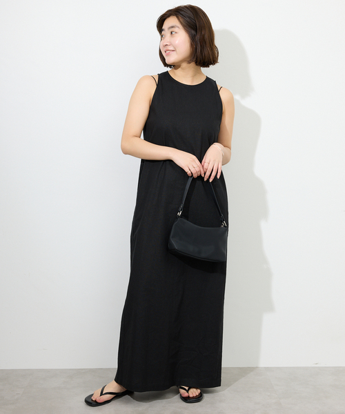 未使用タグ付★スローブイエナ★リネンワンピース★ブラック WEB限定/追加》リネンレーヨンノースリーブナローワンピース