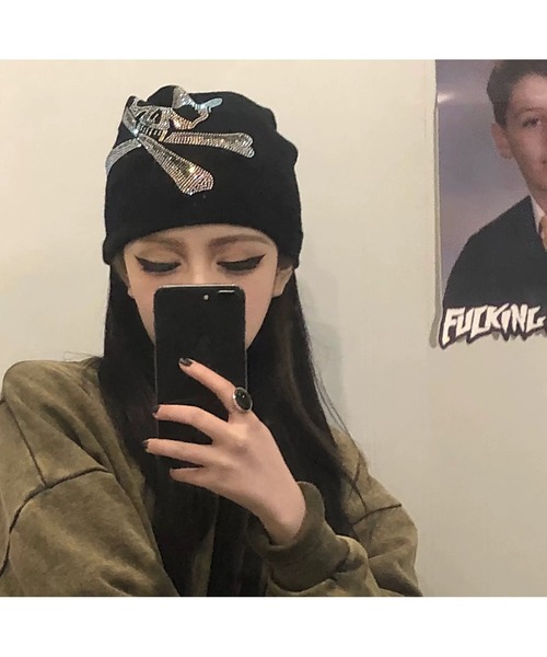 Lp】ラインストーンスカルビーニー（ニットキャップ/ビーニー