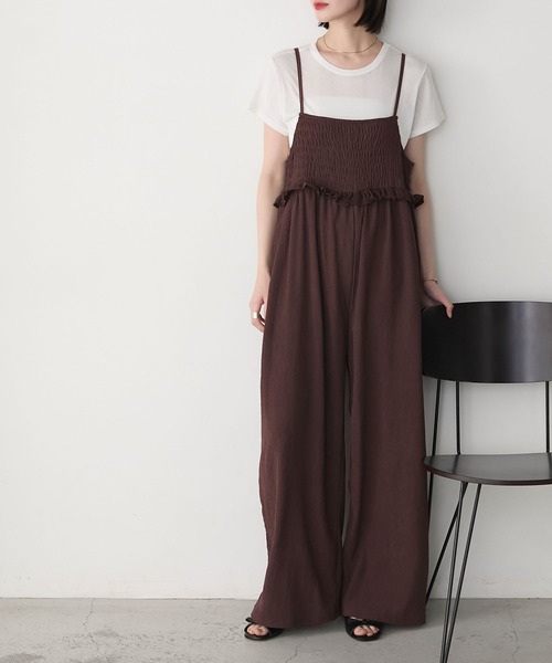 forksy.】ミニフリル切替えシャーリング バックリボン オールインワン