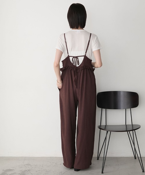 forksy.】ミニフリル切替えシャーリング バックリボン オールインワン