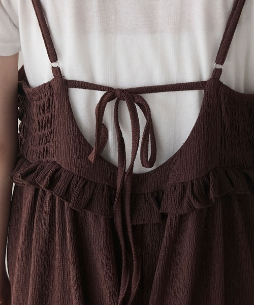 forksy.】ミニフリル切替えシャーリング バックリボン オールインワン