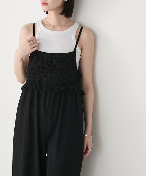 forksy.】ミニフリル切替えシャーリング バックリボン オールインワン