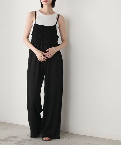 forksy.】ミニフリル切替えシャーリング バックリボン オールインワン