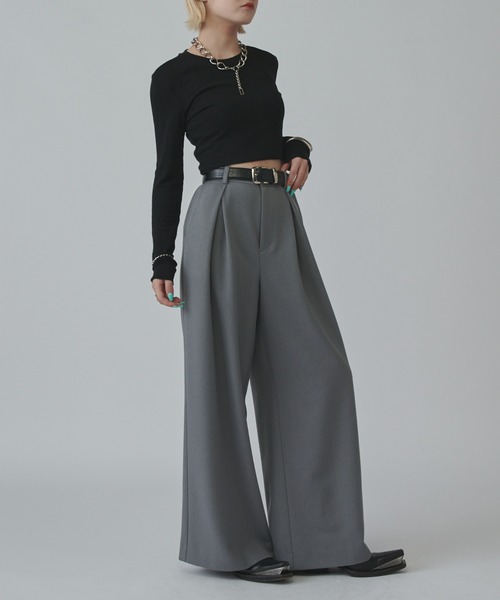 Lui's mi-企画ダブルジップショートジャケット タックワイドパンツ セット Lui's mi-企画ダブルジップショートジャケット タックワイドパンツ