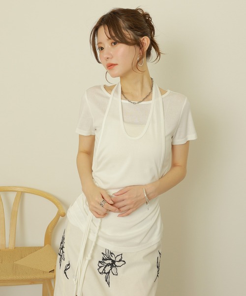 LAULEN(ローレン)の「halter neck layered tops /ホルターネックレイヤード半袖トップス(Tシャツ/カットソー・レディース・ホワイト/ブラック・FREE)」の1枚目の写真